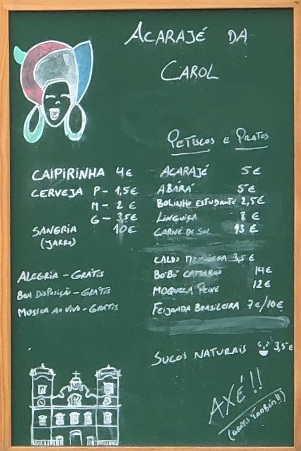 menu at acaraj&eacute; da carol, one of the brazilian restaurants in Lisbon